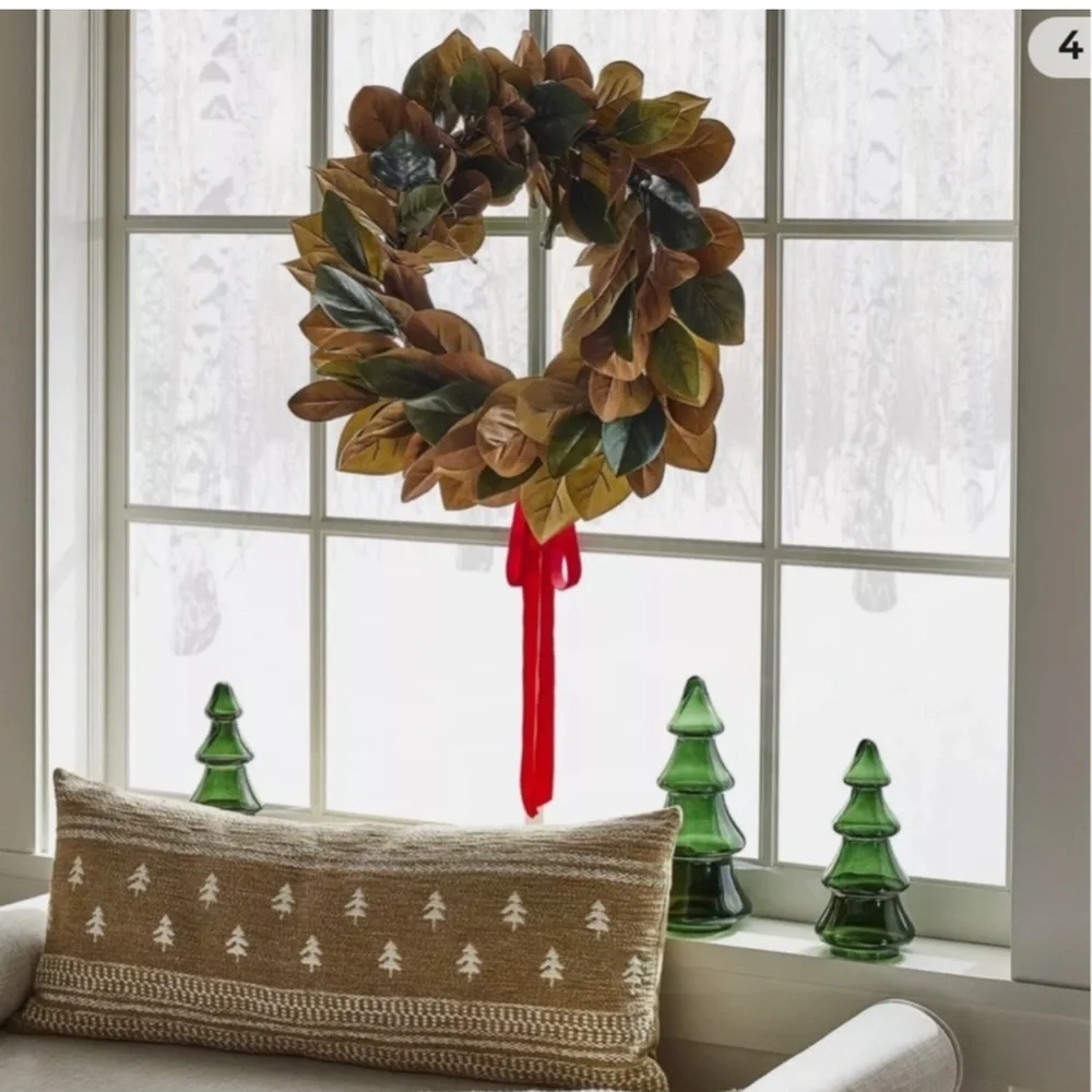 NWT Threshold Magnolia Leaf Wreath and red ribbon